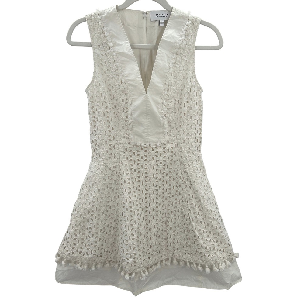 Derek Lam Crosby White Bridal Wedding Eyelet Cotton Tassel Mini Dress Womens 4